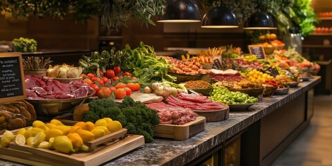 Obraz premium People group catering buffet food indoor in restaurant with meat colorful fruits and vegetables. world winning photo created by ai