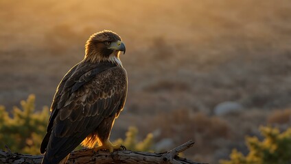 Fototapeta premium Golden eagle perched on a branch at sunset.