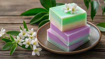 Two colorful soap bars sit on a plate, adorned with delicate flowers and surrounded by green leaves, creating a serene and natural aesthetic.