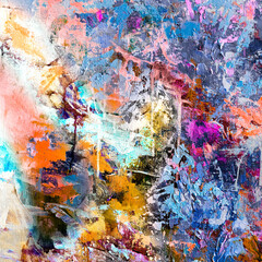 Vivid colorful  painting.  Background design. Dots , strokes of paint. Textured oil painting.  Hand drawn brush stroke. Multicolored circles. Bright pattern with paint structure. Impasto. Color scheme