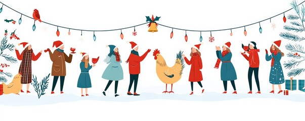 Obraz premium A festive Christmas party with guests celebrating outdoors in the snow, featuring a whimsical chicken and holiday decorations