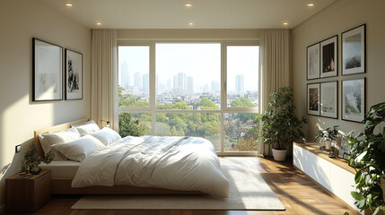 Cozy bedroom with a stunning city view during a bright morning. Generative AI