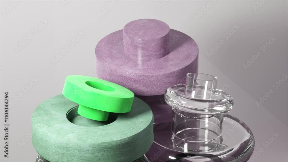 Poster abstract green and purple objects moving and taking different positions, creating a visually interes