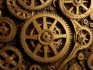 Golden gears forming intricate patterns and designs.
