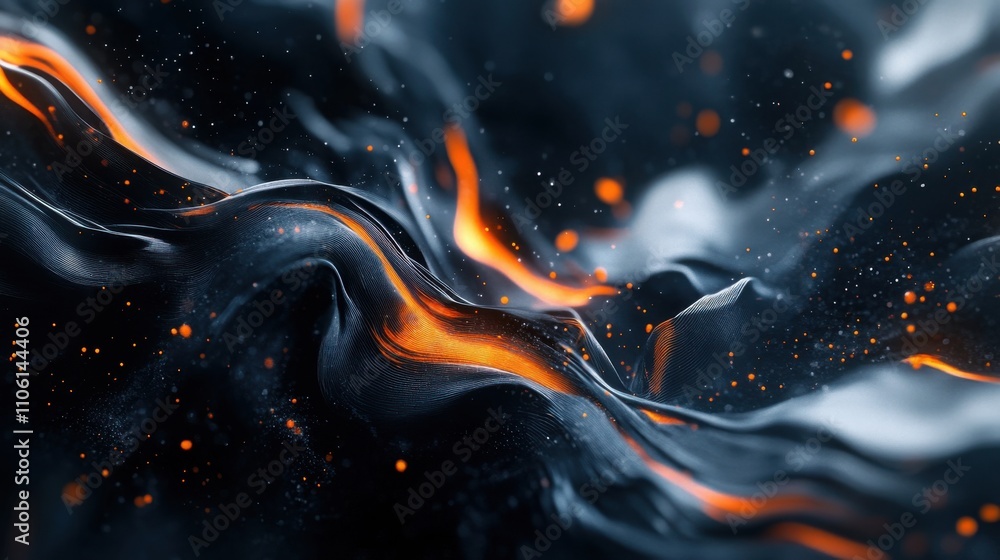 Poster abstract liquid surface with flowing patterns and glowing orange details, creating a captivating vis