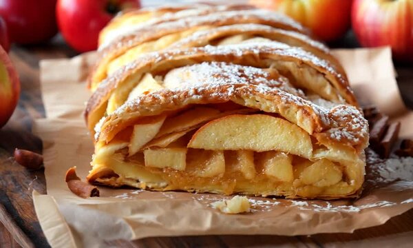 Close-Up Video of Delicious Apple Strudel with Powdered Sugar and Red Apples