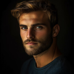 Obraz premium Portrait of a handsome man, frontal view, dark background, photorealistic
