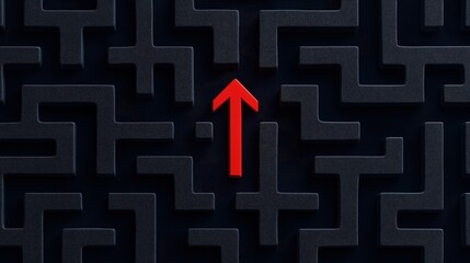 Abstract black maze pattern with a prominent red arrow pointing upwards, symbolizing direction or progress