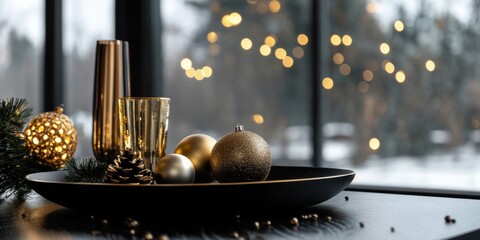 Minimalist gold decor on a modern black table, perfect for holiday promotional visuals