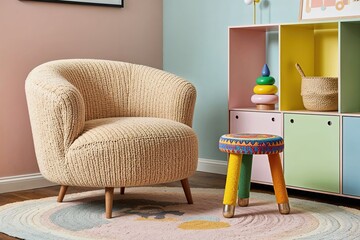 Sand-colored Boucle Chair and Artistic Stool in a Cozy Playroom with Pastel-Colored Wall
