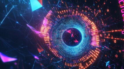 Fototapeta premium A digital vortex made of spinning binary codes in bright neon colors, surrounded by a glowing mesh of geometric shapes, all on a dark, futuristic background.