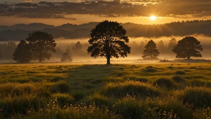 Fototapeta premium Golden meadow at sunrise.