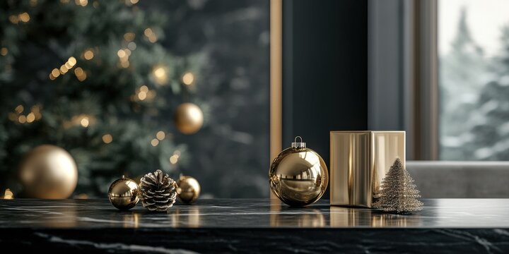Minimalist gold decor on a modern black table, perfect for holiday promotional visuals