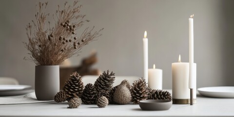 Minimalist pinecone arrangement on a modern table, paired with white candles and metallic accents for a chic holiday vibe