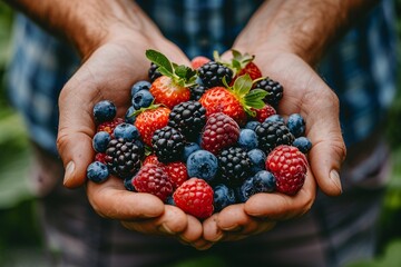 Hands are full of vibrant mixed berries, including strawberries, blueberries, raspberries, and blackberries, gathered on a sunny summer day at a berry farm