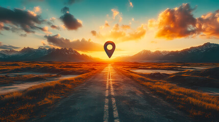 Fototapeta premium Scenic country road leading to the horizon with a location pin symbol, under a vivid sunset sky with mountains in the background