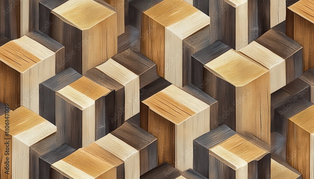 Poster abstract wooden block arrangement with varied textures and tones in geometric design, suitable for b