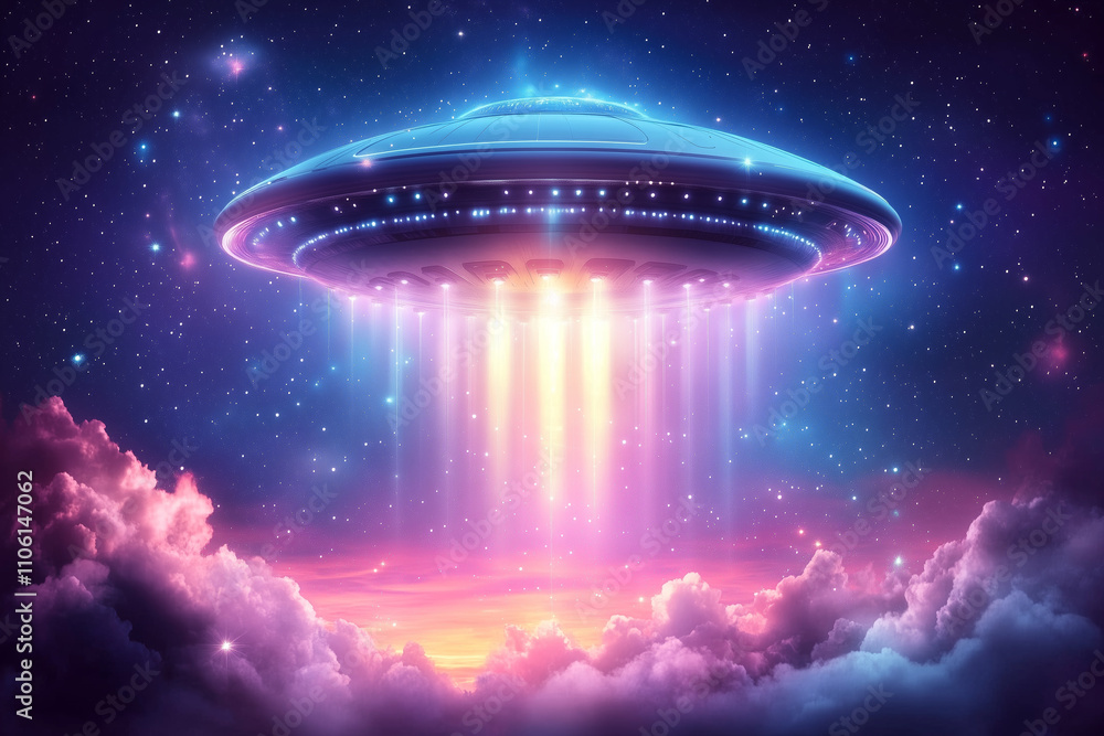 Aufkleber ufo is floating in sky, surrounded by vibrant clouds and starry backdrop, creating mesmerizing and o