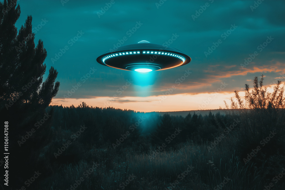 Poster ufo is floating in sky above forest during sunset, creating mysterious atmosphere. scene captures in