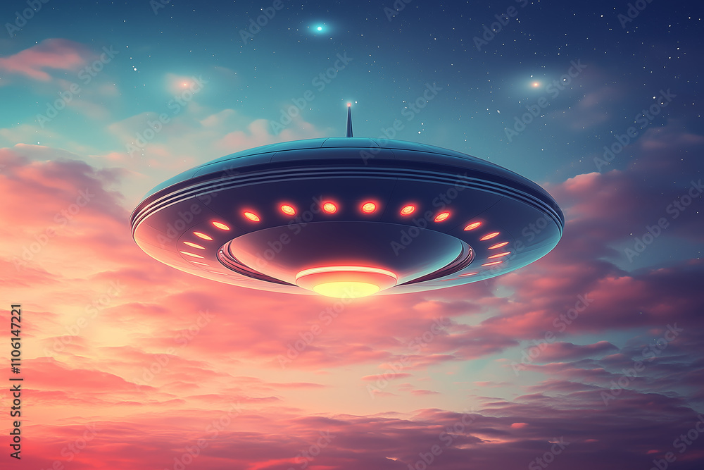 Poster ufo is floating in sky amidst colorful clouds at sunset, creating mysterious and captivating scene. 