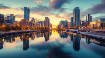 Fototapeta premium vibrant cityscape during golden hour reflects beautifully on calm water, showcasing modern skyscrapers and serene atmosphere