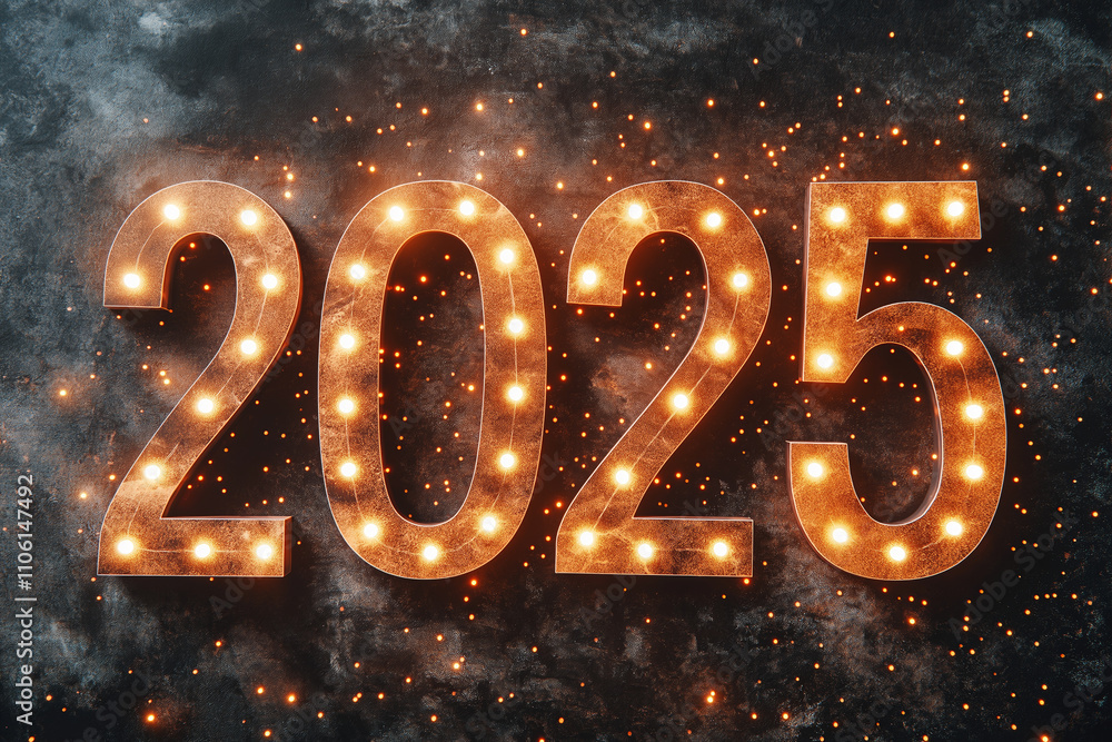 Poster bright illuminated numbers 2025 on dark textured background, creating festive atmosphere with sparkl