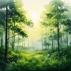 Serene watercolor forest landscape at sunrise, with soft mist and vibrant green trees