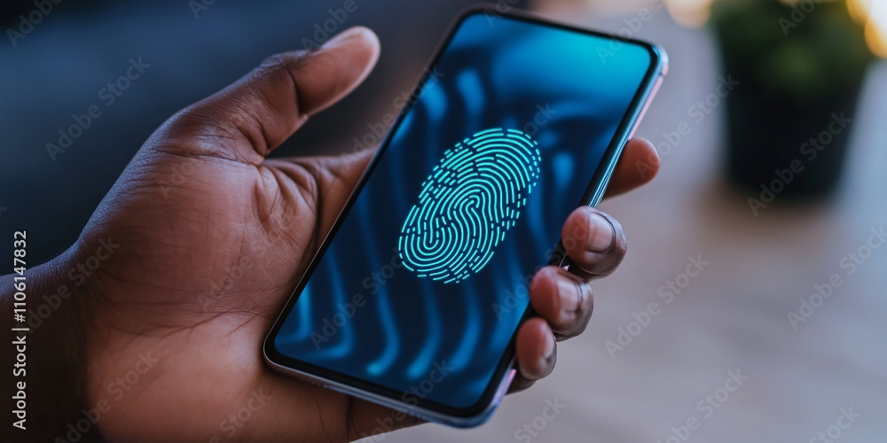 Poster hand holding a smartphone displaying a glowing fingerprint scan on the screen. depiction of digital 