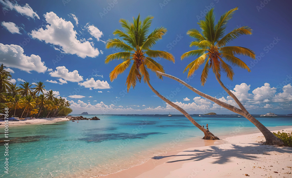 Aufkleber two palm trees are on a beach with a clear blue ocean in the background. there are also boats in the