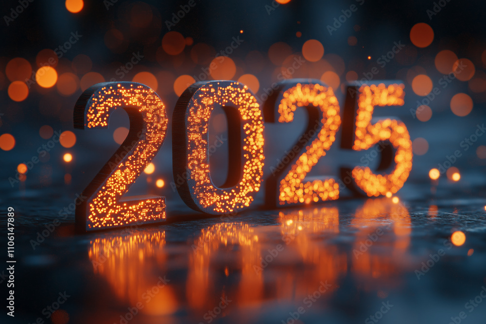 Poster 2025 illuminated with glowing particles on dark background, creating vibrant and festive atmosphere.