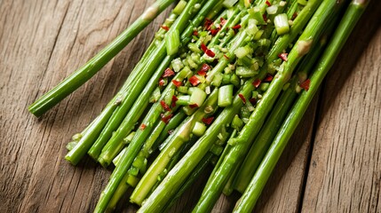 Fototapeta premium Close up of glistening asparagus salad garnished with scallions and crushed chili, styled on a wooden surface