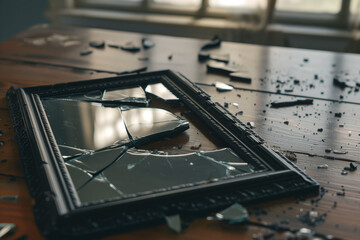 A close-up of a broken black picture frame.