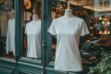 Fototapeta premium A blank white t-shirt is showcased on a mannequin outside a boutique. The shop features large windows reflecting the urban environment, creating a welcoming atmosphere