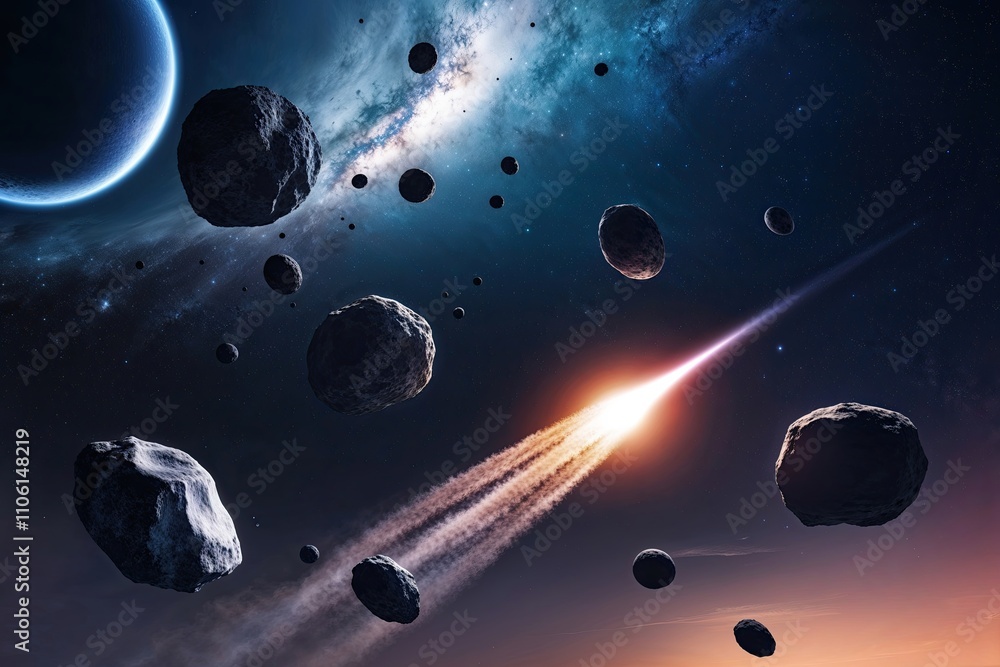 Poster isolated flying asteroids and comets collection in space background