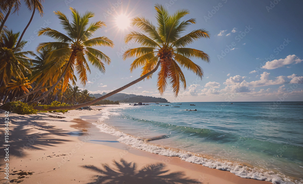 Poster Palm tree is on the beach with the ocean in the background. The palm tree is on the left side of the image