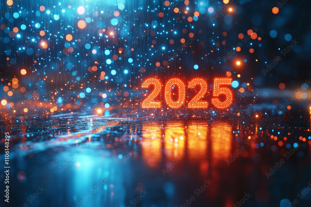 Poster 2025 illuminated in bright lights, surrounded by vibrant bokeh effects and reflections on wet surfac