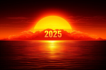 Fototapeta premium vibrant sunset over ocean with large sun and year 2025 prominently displayed. scene evokes sense of hope and new beginnings