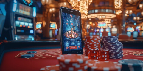 Mobile phone displaying online casino game with colorful chips and dice. vibrant casino environment features bright lights and slot machines, creating exciting atmosphere
