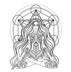 Tribal Goddess. Boho Girl over black and white ornate mandala. Vector ornate decorative illustration isolated on white. Buddhism esoteric motifs. Tattoo, spiritual yoga. Coloring book.