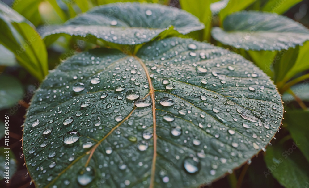 Poster leaf with water droplets on it. the droplets are small and scattered. the leaf is green and has a sh