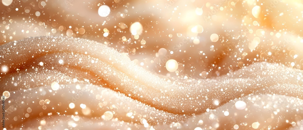 Poster a close-up of soft, wavy fabric in shades of beige and gold, adorned with shimmering glitter and sof
