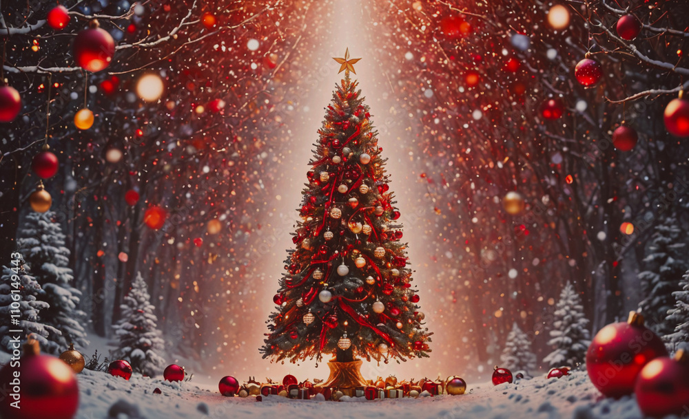 Poster large christmas tree with many red and gold ornaments. the tree is surrounded by many red balls