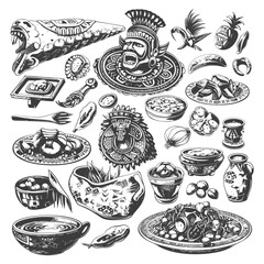 Black And White Illustration Of Ancient Mesoamerican Food And Culture