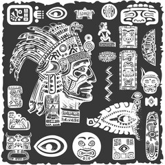 Obraz premium Black And White Illustration Of Mayan Head With Tribal Patterns And Symbols