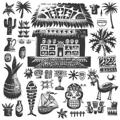 Black And White Illustration Of Various Mayan And Aztec Cultural Artifacts