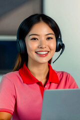 An Asian woman call center agent in a pink shirt wearing a wireless headset, working diligently at her office desk.