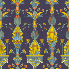 Seamless vector pattern of ancient Egyptian lotus flower. Repeating background. Retro hand drawn vector repeating illustration in earthy colors.
