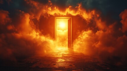 Surreal fiery doorway opening into a vortex of light,光の渦へと開く超現実的な炎の扉.Generative AI