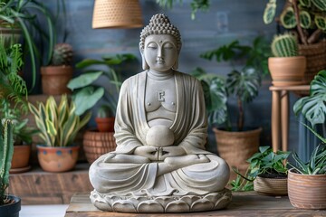 A tranquil Buddha statue sits in a meditative pose, cradling a sphere, surrounded by various vibrant indoor plants. The peaceful ambiance offers a refreshing escape