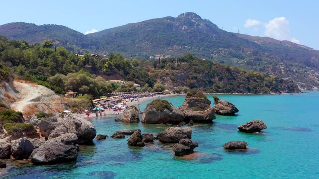 Beautiful Porto Zorro Azzurro beach Zakynthos island, Ionian sea in Greece. Aerial view of white sand beach with turquoise water on Zante Greek island. Drone revealing footage